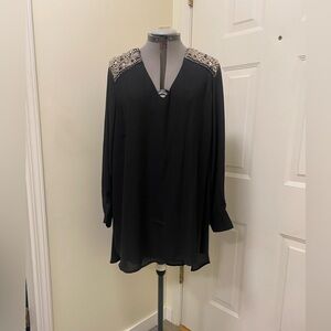 2X Melissa McCarthy Seven7 Black Embellished Jewels Sheer Long Sleeved Top
